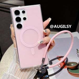 Pink Magnetic S24Ultra Phone Case Womens Style with Hand Strap Protection for S23ultra S22plus Samsung Compatible Jelly Color