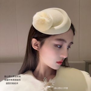 Original Rabbit Fur Milk White Woolen Small Hat Hairband Wine Red Elegant Sweet Butterfly Knot Hair Clip Gift Hat Hair Decoration