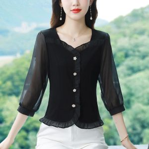 Fashionable V-Neck Chiffon Shirt Womens Summer 2025 New Short Style Waist-Cinched Seven-Quarter Sleeve Top Korean Style Commute Pure Color Slim Fit Online Sales
