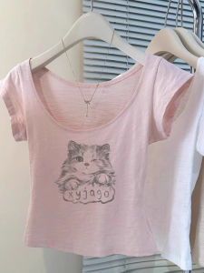 Summer New Womens U-Neck Short Sleeve T-Shirt Bamboo Cotton Print Cat Pattern Slim Fit Hot Girl Style Short Length Top