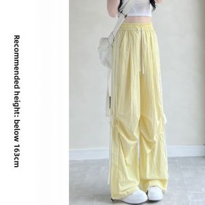 Pink Bow Tie High Waist Wide Leg Workwear Pants Womens Summer Thin Design Quick Dry Korean Style Commute Nylon Fiber Pants