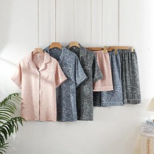 2026 New Summer Couples Pajama Set 100% Cotton Mens and Womens Short Sleeve Shorts Two Piece Set Thin Home Clothing