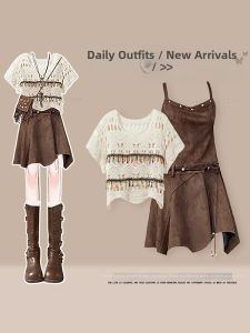 NUMEN BUTTON | Plus Size Summer Travel Outfit Retro Style Lace-up Top and Denim Skirt Two-Piece Set