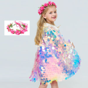 Princess Style Shiny Mermaid Scale Sequin Cape Childrens Performance Birthday Halloween Costume Girls Shoulder Wrap