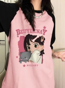 เสื้อยืดแขนสั้นบล็อกสี American High Street ไหล่ การ์ตูน พิมพ์ ลำลอง เสื้อท่อนบน สําหรับ ฤดูร้อน 2024 หลวม Fit