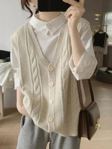 Korean Style Versatile Lazy V-Neck Knitted Sweater Vest Casual Womens Spring Autumn Outerwear Open Cardigan Jacket