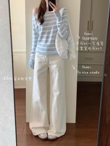 Quần Jeans Denim Ống Thẳng Cạp Cao Màu Trắng Quần Dài Dài Đến Sàn Thường Ngày Cho Nữ Quần Dài Ôm Dáng Cạp Lưng Cao