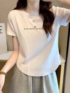 เสื้อยืดแขนสั้นผ้าฝ้ายลายกระดูกปลาสีพื้นสำหรับผู้หญิง ทรงเข้ารูป สไตล์เกาหลี ฤดูร้อน 2024 เสื้อตัวบนคอตั้งแขนสั้น