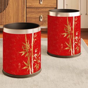 Chinese Red Wedding Celebration Large Capacity Trash Can Leather Household Living Room Bedroom round Shape Double Bucket Bin