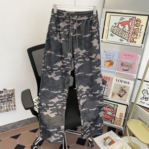 กางเกงวอร์มกีฬาลายพรางฤดูใบไม้ผลิและฤดูใบไม้ร่วงสำหรับผู้ชาย สไตล์อเมริกันย้อนยุค กางเกงขายาวทรงหลวม ดีไซน์สีบล็อก กางเกงขายาวทรงหลวม