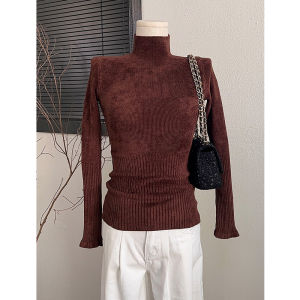 BINKAFENNY | Ankela Red Knitted Wool Sweater Womens Autumn Winter Slim Fit Soft Outerwear High Collar Long Sleeve Solid Color Commute Style