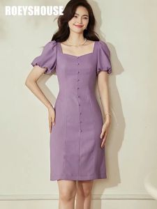 Đầm tím trơn cổ lục giác tay ngắn phồng nút bọc
