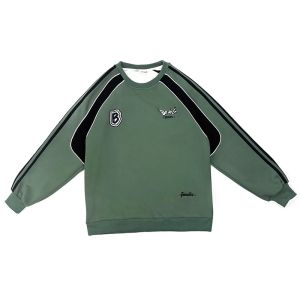 อเมริกันเสื้อแขนยาวสําหรับผู้ชายและผู้หญิง Oversize ใหม่มาถึงฤดูใบไม้ผลิฤดูใบไม้ร่วงสามสีบล็อกหลวม Fit คู่รอบคออินเทรนด์