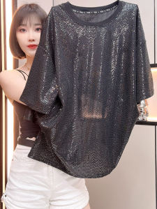 Summer European Goods Large Version Mid Length Long Length T-shirt Female Hip-Covering Fashion European and American Style Plus Size Short Sleeve Sequin Heavy Industry Tops Fashion T
