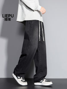 กางเกงยีนส์ทรงตรงสีดำสไตล์อเมริกันสำหรับผู้ชาย กางเกงขายาวทรงหลวมสบายๆ ฤดูใบไม้ร่วง/ฤดูหนาว กางเกงยีนส์ทรงหลวมสบายๆ ทรงหลวม