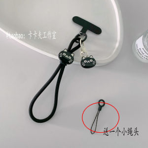 สร้อยคอโทรศัพท์มือถือสั้นสีดำ สร้อยข้อมือป้องกันการตกหล่น สร้อยคอเครื่องถ่ายรูป CCD ดีไซน์น่ารัก สายโซ่ตกแต่งด้วยแมวและปลา