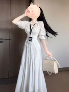 Korean Style Shirt Dress Polo Collar A-Line Waist Cinching Long Spring Dress Elegant Unique Beautiful Pure Color Button Detail