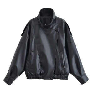 Womens Jacket Fall 2025 New Black Long Sleeve Pebble Faux Leather Jacket Motorcycle Style Personality Fashion