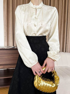 New Chinese Style Loose Fit Silk Satin Shirt Womens Spring Autumn Casual Versatile Top Button Detail Tassel Trim Embroidery