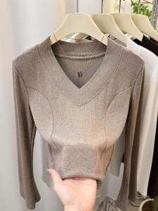 Elegant V-neck Bell Sleeve Base Shirt Womens Autumn Winter Double-sided Brushed Fashion Slimming Inner Wear Top