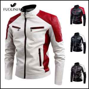 Fuguiniao Male Leather Jacket Plus Size Mens Stand Collar Coats Leather Biker Jackets M-4XL