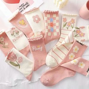 [iRojak] Flower Socks Pink Crew Socks Women Long Socks Cotton Sock 粉色袜子女 中筒袜女 Stokin Pink Panjang -SK41