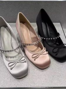 Mary Jane Single Shoes with Bow Knot High Heels for Women Sweet Style Fashionable Glue Adhesive Shoes round Head Rubber Outsole