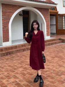 AMMIN 2024 Autumn new red French V-neck single-breasted design long sleeve fashion A-line mid-length elegant dress