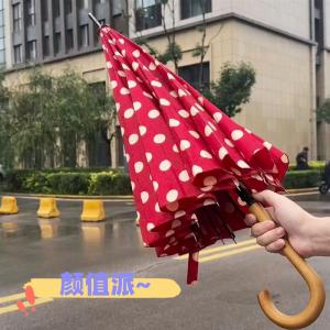 Red Polka Dot Umbrella Retro Long Handle 12 Ribs Straight Pole Wooden Handle Rain Umbrella for Women Students High Aesthetic Value