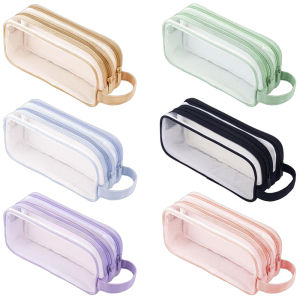 Large Grid Mesh Pencil Case 2 Compartments Clear Pen Pencil Pouch Multifunction Transparent Stationery Bag for Student