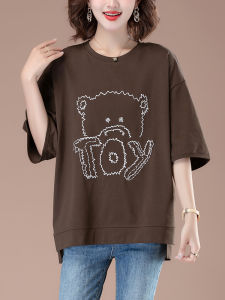 plus Size Short Sleeve T-Shirt Womens Loose Belly Covering Front Short Back Long Pure Cotton Body Shirt Korean Style Commute