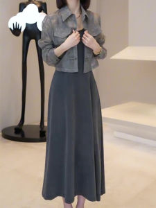 เสื้อเชิ้ตแขนยาวสไตล์จีนย้อนยุคและเชือกแขวนคอ เดรส ชุดสองชิ้นสําหรับผู้หญิง เรียบหรู ฤดูร้อน ชุดแฟชั่น ปกโปโล เสื้อสวม