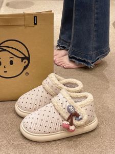 Fashionable Fleece Lined Cotton Slippers Womens Winter Polka Dot Indoor Home Wearable High Heel Roman Style Shoes