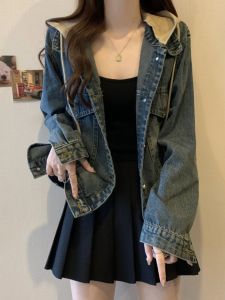 Slimming Large Size Autumn Winter Denim Jacket with Hood Korean Style Casual Long Sleeve Casual Outerwear for plus Size Women