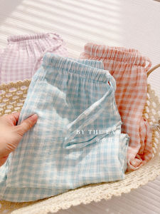 กางเกงนอนลายสก็อตผ้าฝ้ายสองชั้นหลวมๆ สำหรับผู้หญิง กางเกงขายาวลำลอง ทรงหลวมๆ สำหรับใส่อยู่บ้าน กางเกงเดินเล่นบางๆ สำหรับฤดูใบไม้ผลิและฤดูร้อน