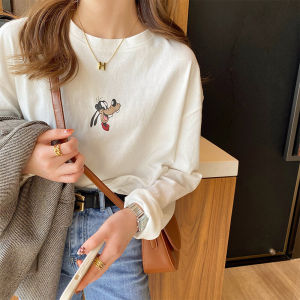 White T-Shirt Womens Long Sleeve Spring & Fall 2023 New Arrival Undershirt Inner Wear Print T-shirt Loose-Fitting Pure Cotton Top