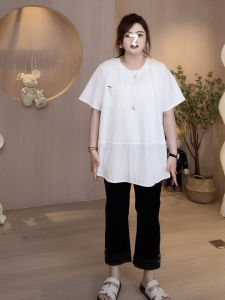 Jia Jia Plus Size Stylish Patchwork round Neck Mid-Length Short Sleeve T-Shirt Womens Summer Plus Size Ladies Loose Slim Fit Versatile Top