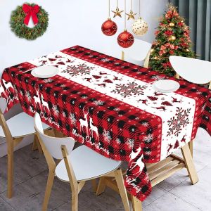 Buffalo Plaid Christmas Tablecloth Elk Snowflakes Tablecover Christmas Decorations for Home 2025 Xmas Gifts Dining Table Cover