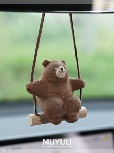 Handcrafted Wood Carving Bear Pendant Car Interior Decoration Rearview Mirror Hanging Ornament Fun Automotive Pendant Gift for Women
