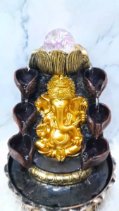 Golden Ganesha Cascading Water Fountain with LED Crystal Sphere