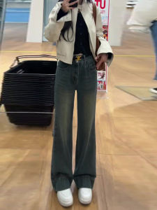 Retro Blue Slim Wide Leg เดนิม กางเกงยีนส์ ผู้หญิง ฤดูหนาว Small Size High เอว หลวม Slim Straight Floor-Length กางเกงขายาว ฤดูใบไม้ร่วง ฤดูหนาว