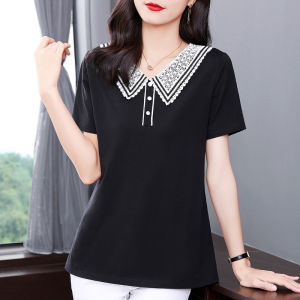 100KG Can Wear Korean Style New Design Peter Pan Collar Short Sleeve Ladies Stand Collar Long T-shirt Loose Plus Size Blouse Women Elegant Lapel Tops Fashion Shirts