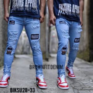 Celana Jeans Sobek Pria Panjang Emblem Stretch Melar Denim Tebal Slimfit Skinny Size 28-33