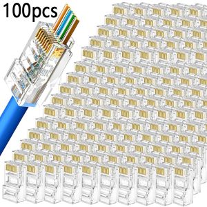 100pcs RJ45 Cat6 Shielded Connectors Perforated Crystal Head Gold-Plated Connector Network 8P8C Crimp UTP Ethernet Modular Plug