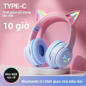 Tai Nghe Không Dây Bluetooth TWS Hình Cô Bé Hồng Dễ Thương Có Tai Mèo Đèn RGB Mặt Cười Chuyển Màu Dùng Được Cho Mọi Điện Thoại Có Micro