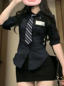 Slim Fit Long Sleeve Shirt Vintage School Style Dark Blue Waist Cinched Autumn Pure Desire Ladylike Top for Young Women