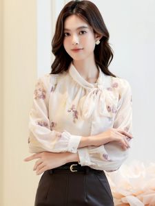 French Butterfly Knot Chiffon Shirt Womens Autumn Fashionable Floral Print Long Sleeve Straight Cut Luxury Sensation Top