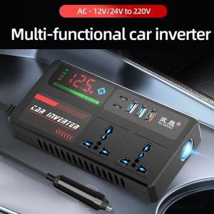 Portable Car Inverter 12V to 110V 24V to 220V Outlet Adapter with 4 USB Ports Fast Charging Car Charger for Auto Truck SUV RV