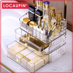 Locaupin Cosmetic Makeup Organizer with Brush Holder Clear Drawer Stand for Lipsticks Eyeshadow Nail Polish Jewelry Skincare