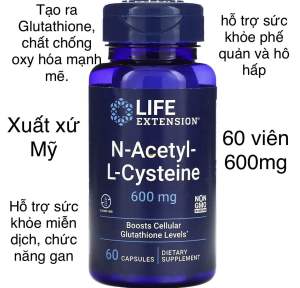 [MỸ] Viên N-acetyl-L-cysteine 600mg  60 viên Life Extension Tăng mức độ Glutathione trong tế bào. Hỗ trợ gan phế quản